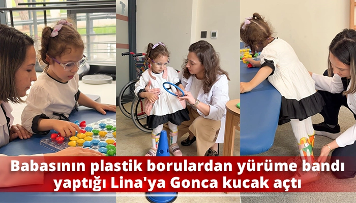Babasının plastik borulardan y&uuml;r&uuml;me bandı yaptığı Lina&rsquo;ya Gonca kucak a&ccedil;tı